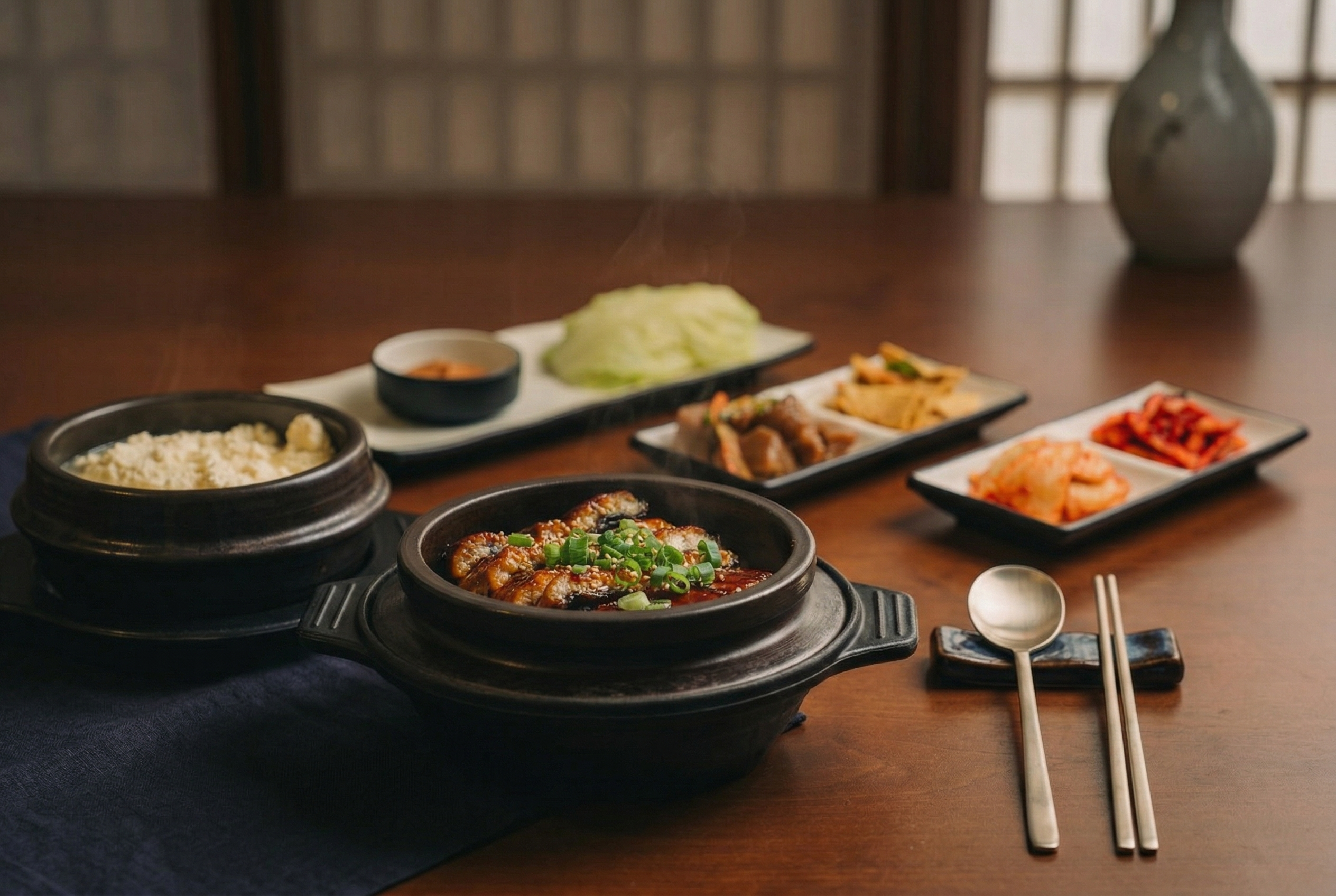 Traditional Korean table setting with banchan and stone bowls